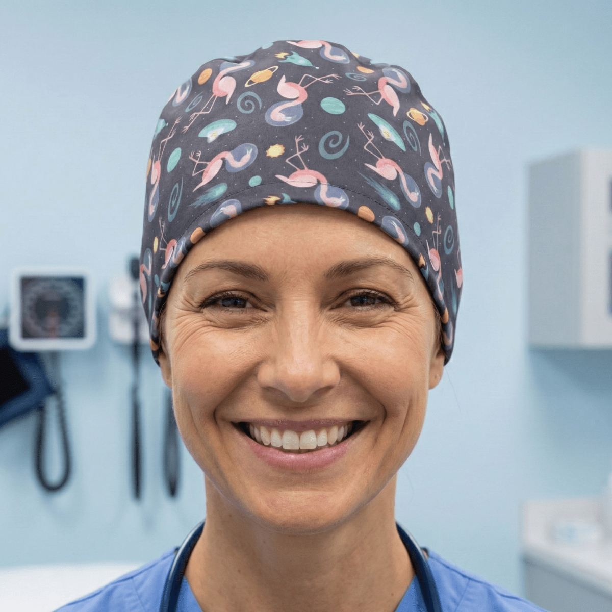 Gorro quirúrgico de viaje con diseño de flamencos espaciales