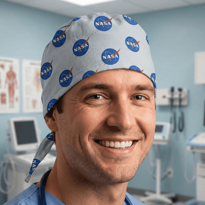 NASA space logo pattern scrub cap with blue circular emblems on grey background