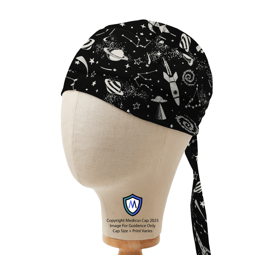 Captain-style scrub cap with glow-in-the-dark rockets and space print by Medicus Caps, displayed on a mannequin.