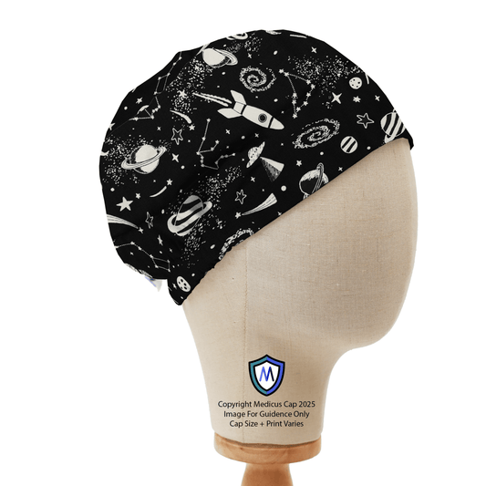 Elastic-backed scrub cap with glow-in-the-dark rockets and space-themed print by Medicus Caps, displayed on a mannequin.