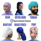 Specialised scrub cap styles: Hijab, Ortho Hood, Turban, Bouffant, Braid Pouch and Pony