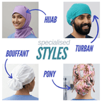 Specialty scrub cap styles: hijab, ponytail and long-hair coverage