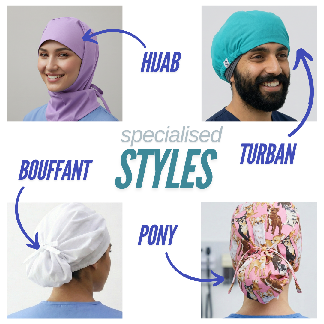 Four different scrub cap styles shown: hijab, turban, bouffant, and ponytail designs in various colors