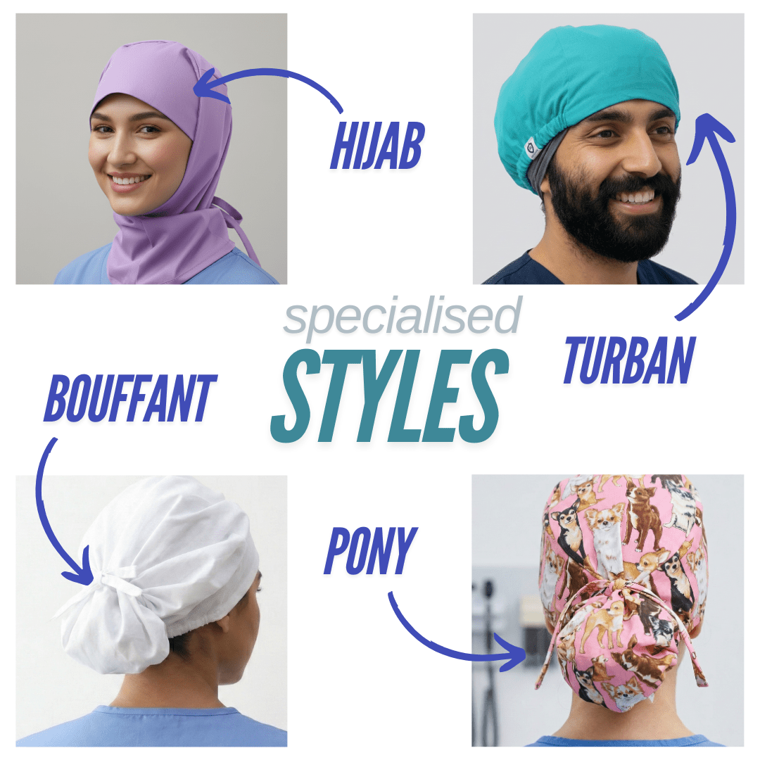 Wrestling Masks Blue scrub cap showing four specialized headwear styles including hijab, turban, bouffant and ponytail opt...