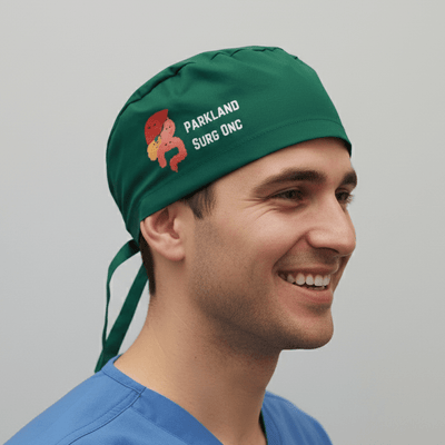 Forest green scrub cap with orange fox logo and Parkland Surg ONC text