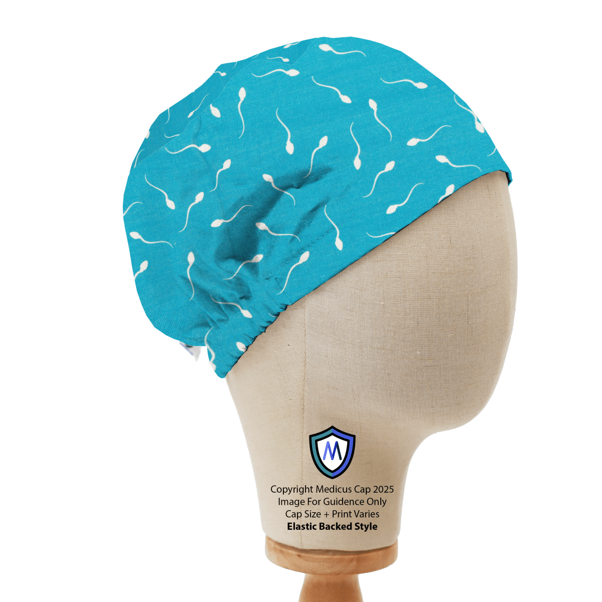 Medicus Scrub Cap in blue with white sperm pattern, elastic-backed style, displayed on a mannequin head. Fun and unique medical-themed design.
