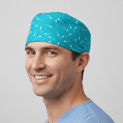 Turquoise scrub cap with white sperm pattern worn by smiling healthcare professional