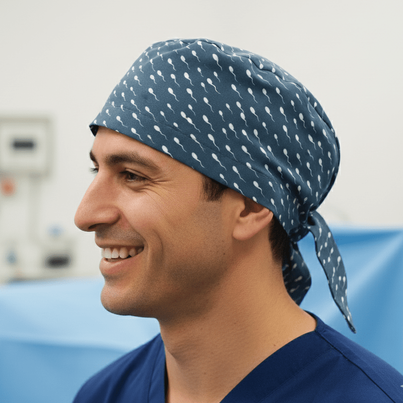 Navy blue scrub cap with small white arrow pattern worn by smiling healthcare professional