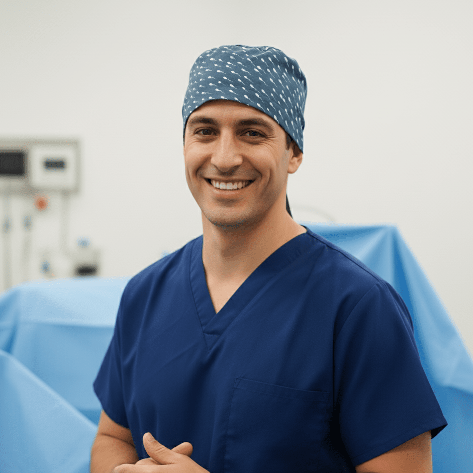 Healthcare professional wearing blue scrub cap with white sperm pattern, front view in medical setting