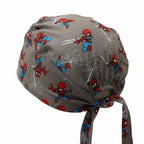 Back view of grey scrub cap featuring cute Spiderman characters and white web patterns