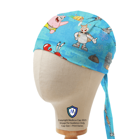 The Spongebob + Friends Scrub Cap by Medicus Scrub Caps features a vibrant blue design with beloved cartoon characters, displayed on a mannequin for a playful, professional touch.