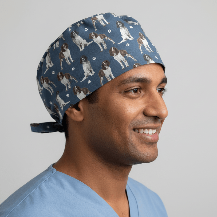 Gorro quirúrgico azul para perros Springer Spaniel
