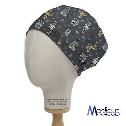 Star Wars Character On Starry Night Grey Scrub Cap from Medicus Scrub Caps, featuring a themed pattern on a dark grey background.