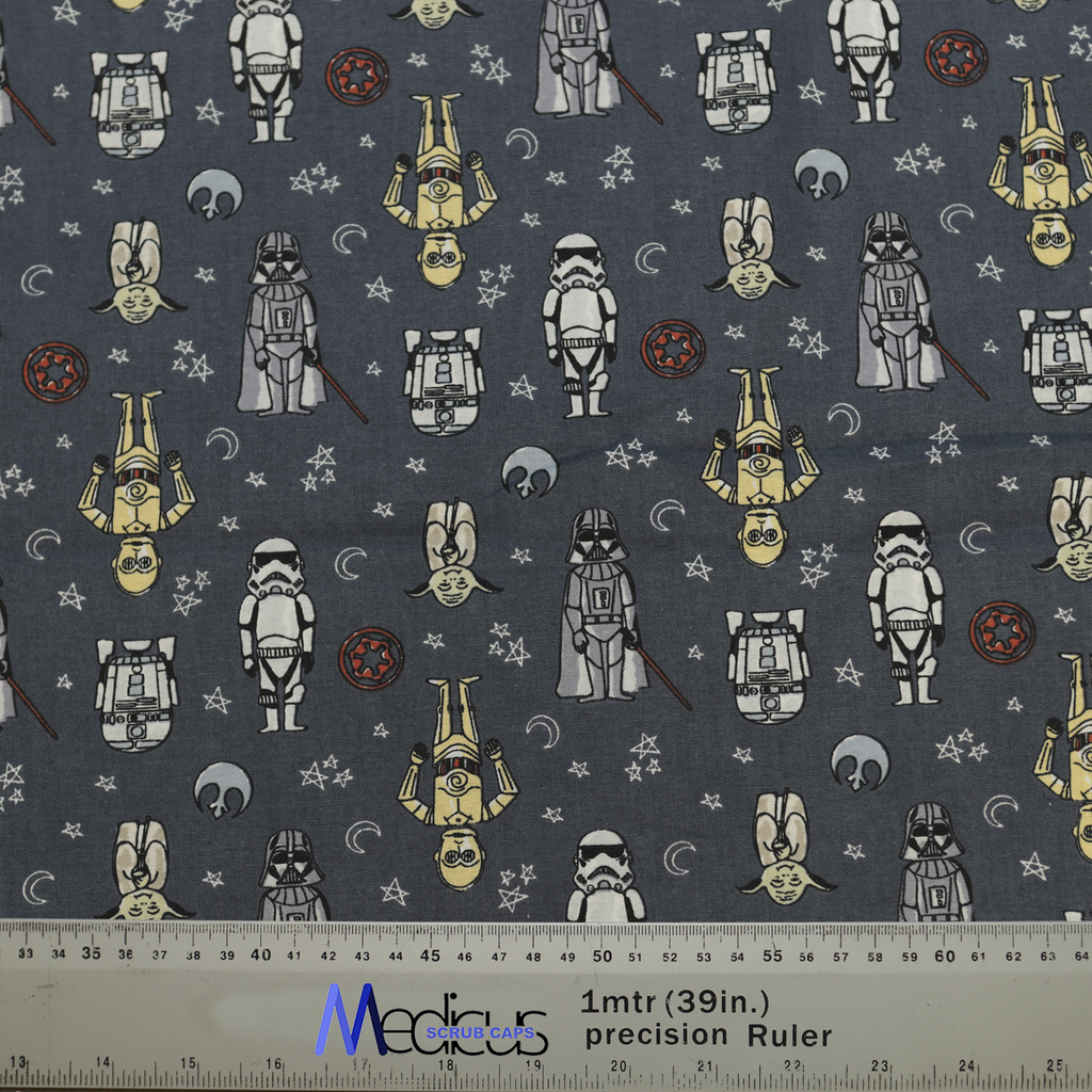 The Star Wars Character On Starry Night Grey Scrub Cap by Medicus Scrub Caps features Yoda, Stormtroopers, Darth Vader, and droids on a dark celestial background.