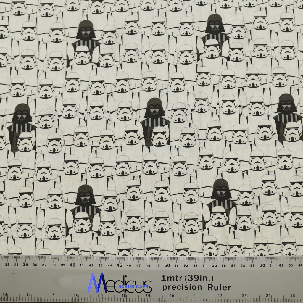 The Star Wars Darth Vader Stormtroopers School Picture Scrub Cap by Medicus Scrub Caps features a repeating pattern of stormtrooper helmets with Darth Vader interspersed throughout.