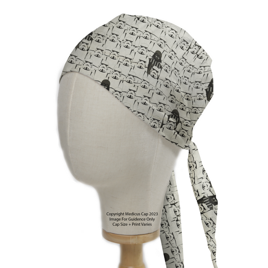 Side view of a mannequin head wearing the Medicus Scrub Caps Star Wars Darth Vader Stormtroopers School Picture scrub cap, featuring a black-and-white Stormtrooper pattern and side ties.