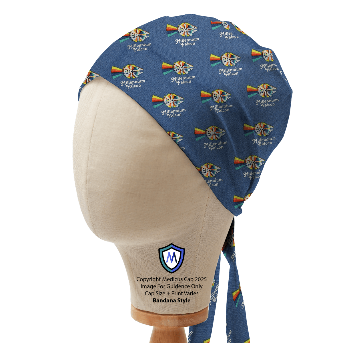 Medicus Caps bandana-style scrub cap featuring a Star Wars Pride Millennium Falcon design on a mannequin head, showcasing the fabric pattern and fit.