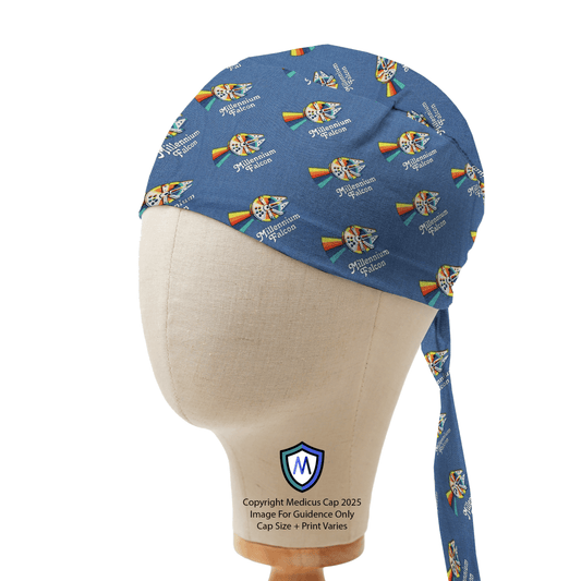 Medicus Caps scrub cap featuring a Star Wars Pride Millennium Falcon design on a mannequin head, highlighting the colorful pattern and fit.