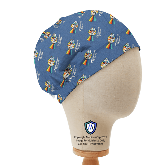 Medicus Caps scrub cap featuring a Star Wars Pride Millennium Falcon design on a mannequin head, showcasing the pattern and fit.