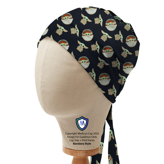 Medicus Caps bandana-style scrub cap with a Baby Yoda pattern, displayed on a mannequin head, showcasing its design and fit.