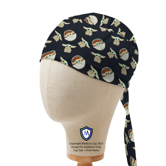 Medicus Caps scrub cap featuring a Baby Yoda kawaii pattern on a mannequin head, highlighting the design and fit.