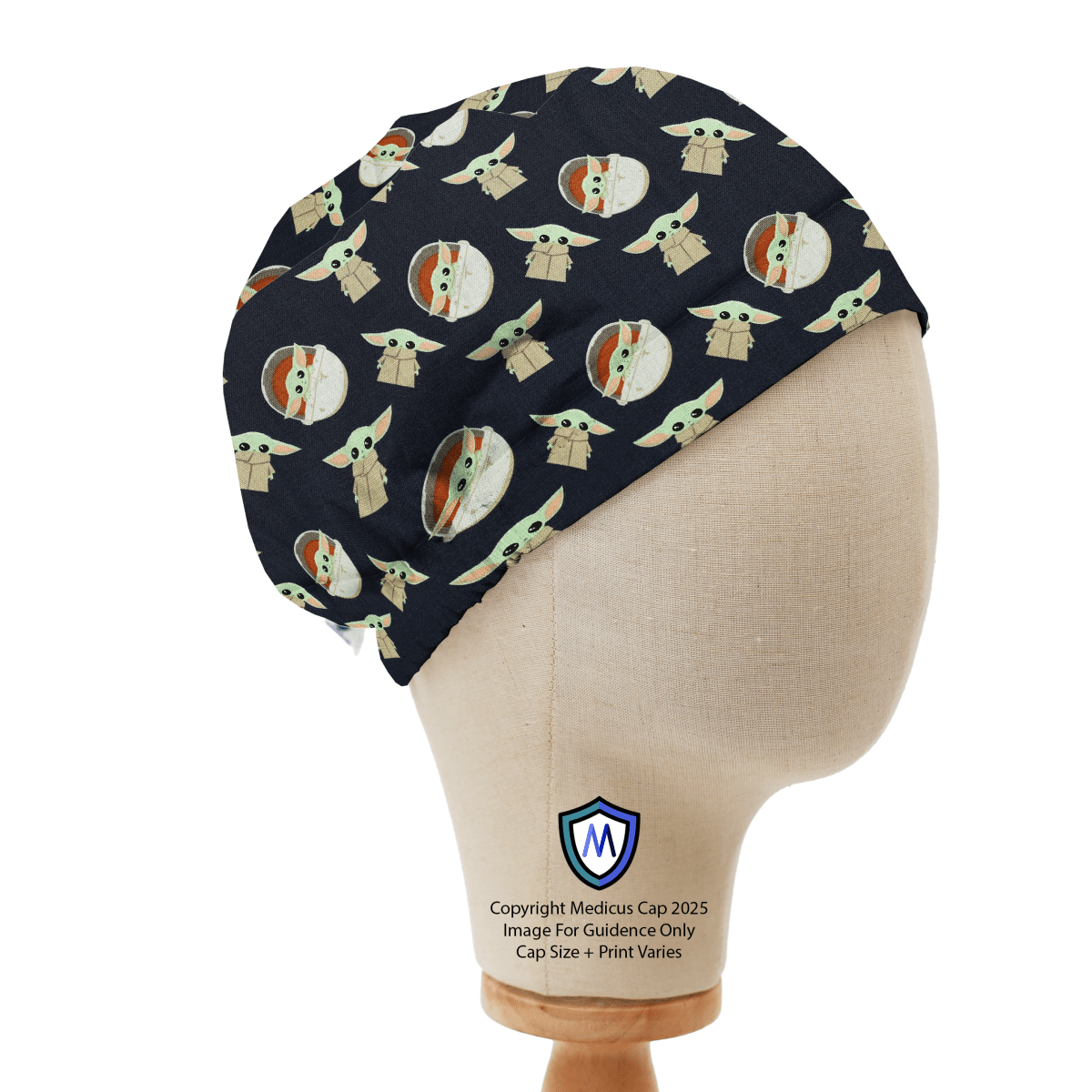 Medicus Caps elastic-backed scrub cap with a Baby Yoda kawaii pattern on a mannequin head, showcasing the playful Star Wars-inspired design and fit.