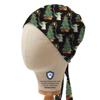 Black scrub cap with colorful Yoda, Christmas trees and Star Wars pattern shown in side profile view
