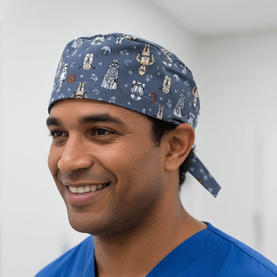 Gorro quirúrgico gris con personaje de Star Wars en la noche estrellada