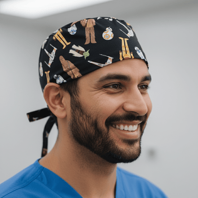 Star Wars Character Toss scrub cap shown on model