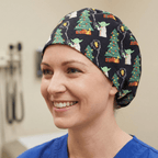Navy blue Star Wars Christmas Yoda print scrub cap with green Christmas trees pattern
