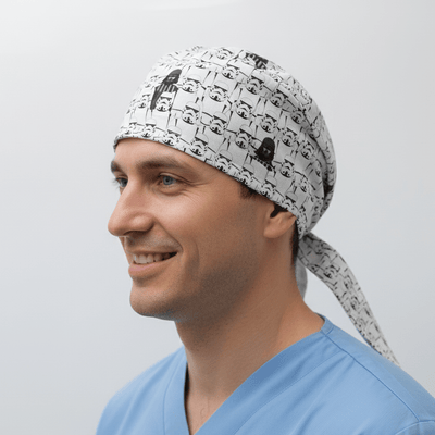White scrub cap with black Star Wars character pattern featuring Stormtroopers and Vader silhouettes