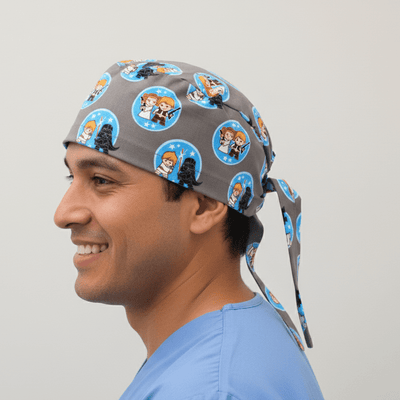 Star Wars Kawaii Character Pairs On Grey scrub cap shown on model