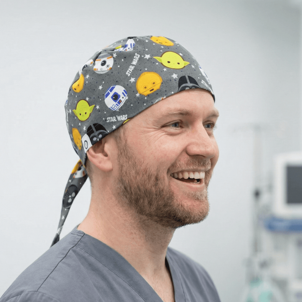 Grey Star Wars kawaii print scrub cap with yellow Yoda and cute character heads