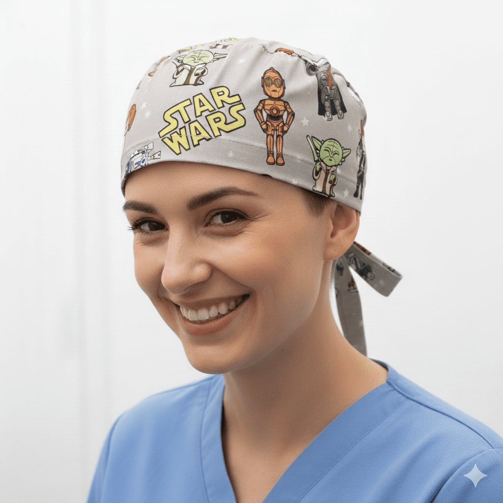 Grey Star Wars kawaii character pattern scrub cap with Yoda and droids design