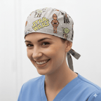 Grey Star Wars kawaii character pattern scrub cap with Yoda and droids design