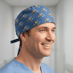 Blue Millennium Falcon pattern scrub cap with tie-back closure worn by smiling healthcare professional