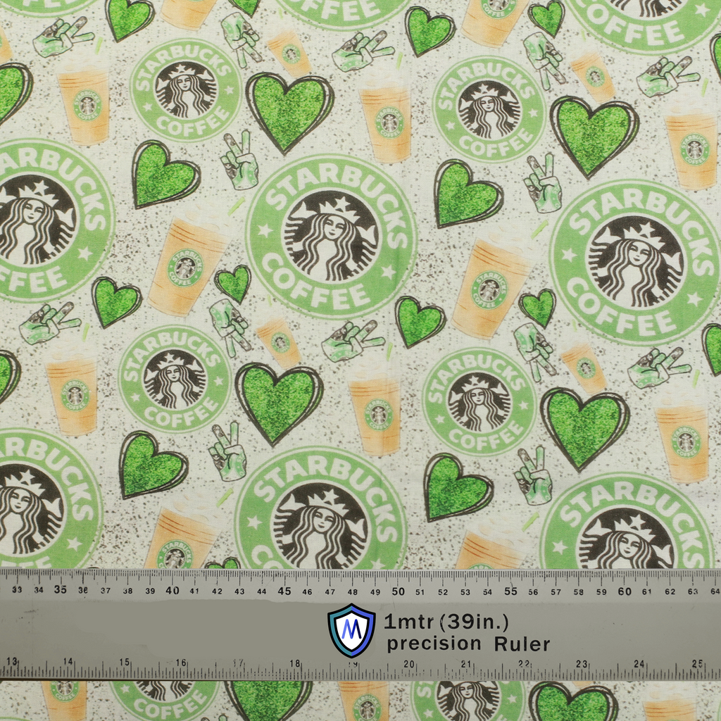 Medicus Scrub Cap with a Starbucks-inspired design featuring green hearts, coffee cups, and peace signs on a speckled background. Stylish and coffee-lover friendly!
