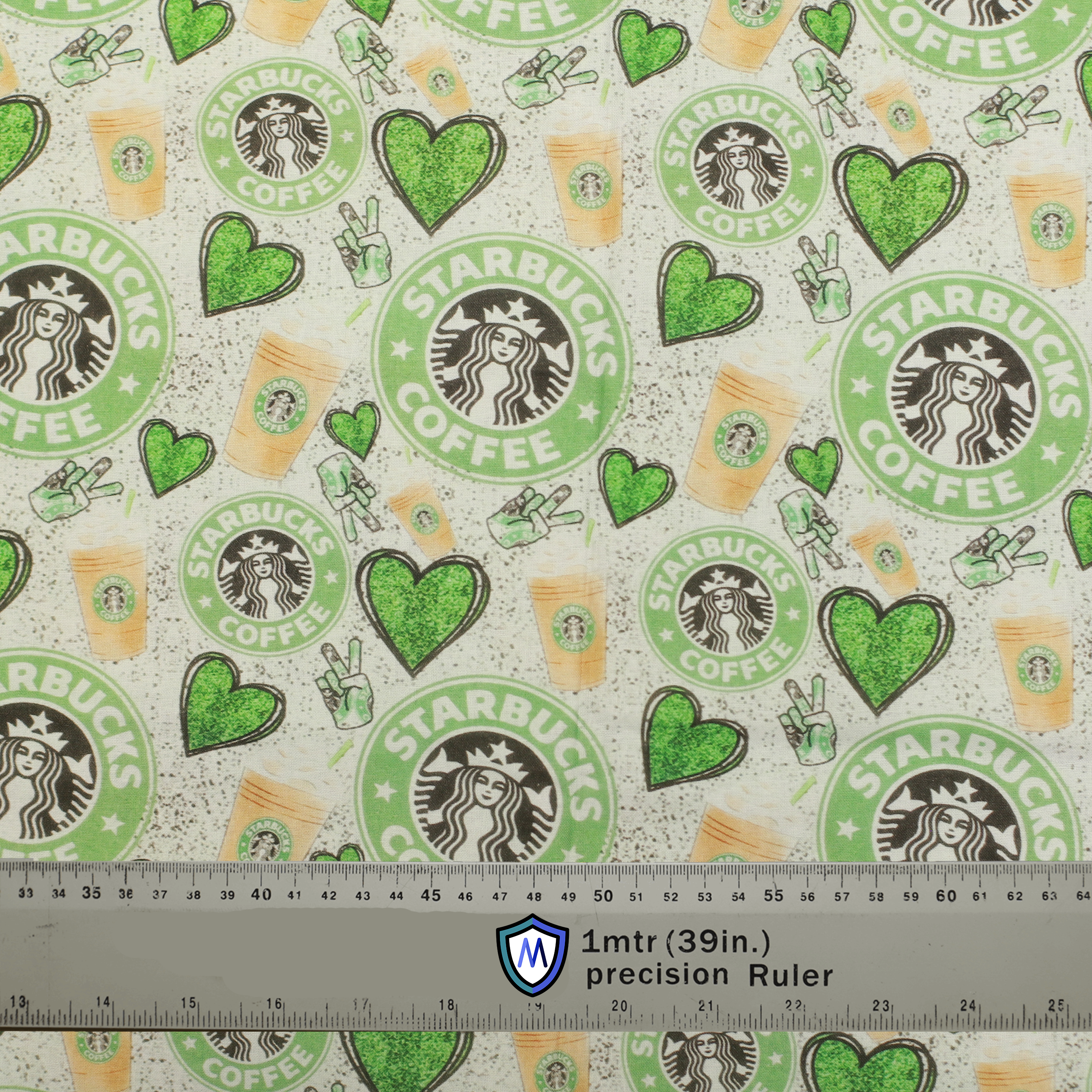 Medicus Scrub Cap with a Starbucks-inspired design featuring green hearts, coffee cups, and peace signs on a speckled background. Stylish and coffee-lover friendly!