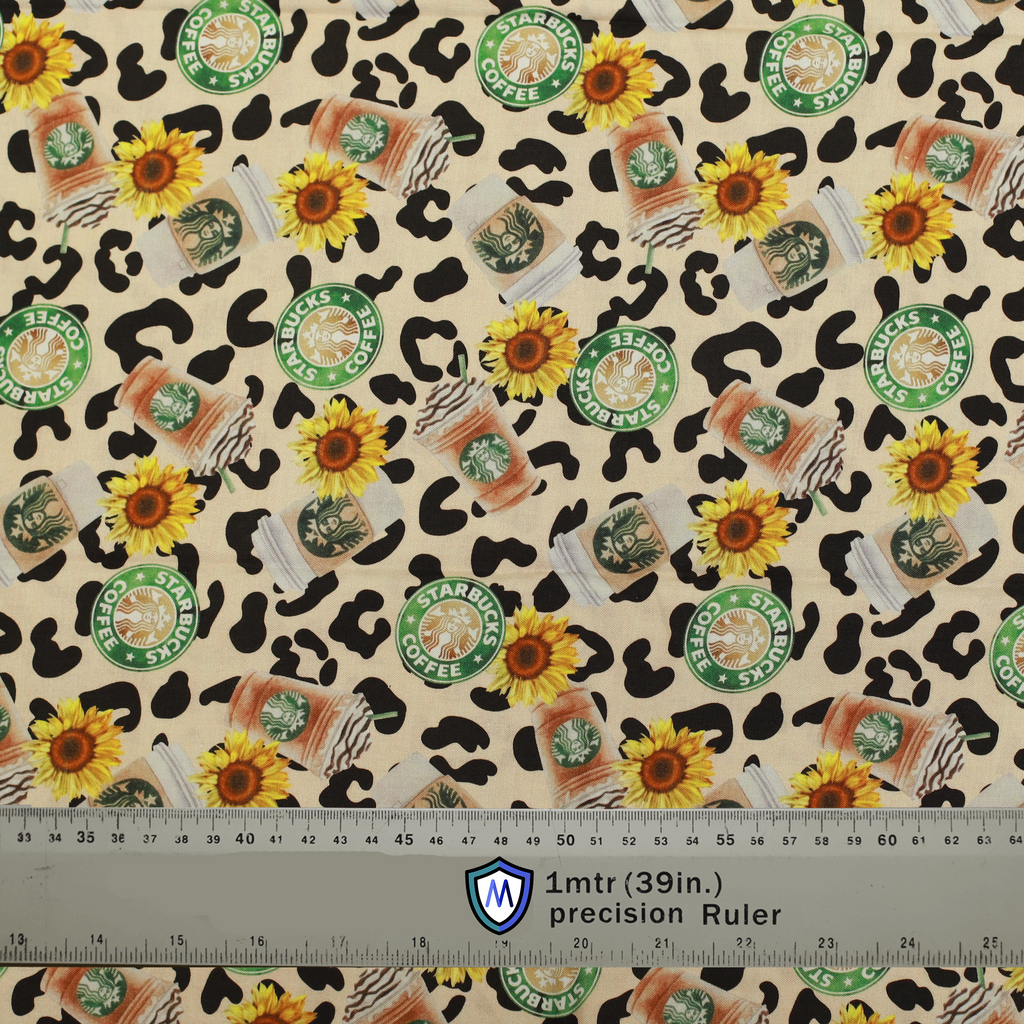Fabric for Medicus Scrub Cap featuring Starbucks logos, pumpkin spice lattes, sunflowers, and leopard print. 1-meter ruler included for scale.