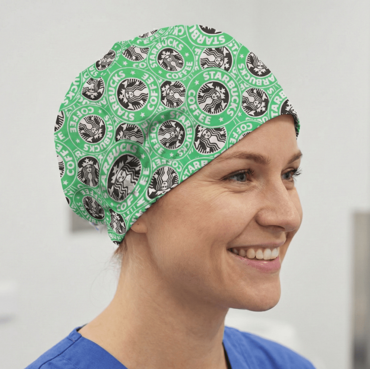 Green Starbucks logo pattern scrub cap with coffee brand design for medical professionals