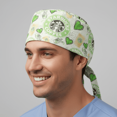 Green Starbucks coffee logo pattern scrub cap with hearts and tie-back closure