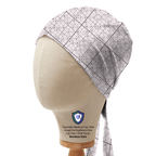 White scrub cap with black sudoku puzzle grid pattern shown from side profile angle