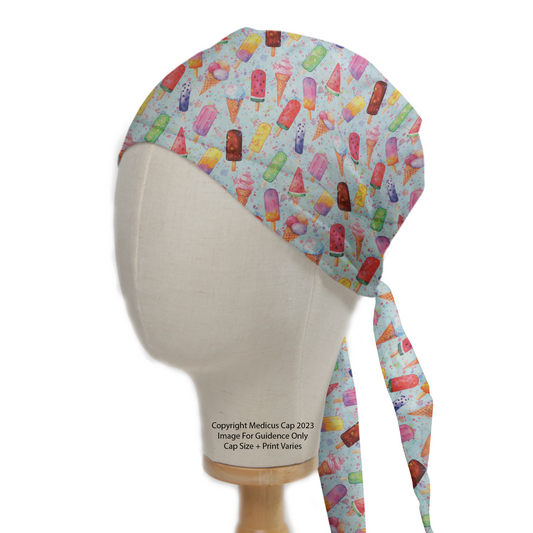 Summer Ice Lolly Fun Scrub Cap from Medicus Scrub Caps, featuring a colorful ice lolly and ice cream pattern on a light background.