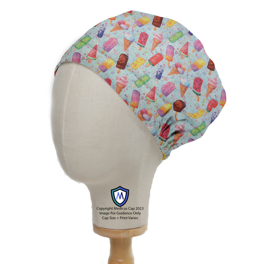 Summer Ice Lolly Fun Scrub Cap from Medicus Scrub Caps, featuring a playful pattern of colorful ice lollies and ice cream cones on a light background.