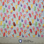 Summer Ice Lolly Fun Scrub Cap from Medicus Scrub Caps, featuring a colorful pattern of ice lollies, ice cream cones, and watermelon slices on a light blue background.