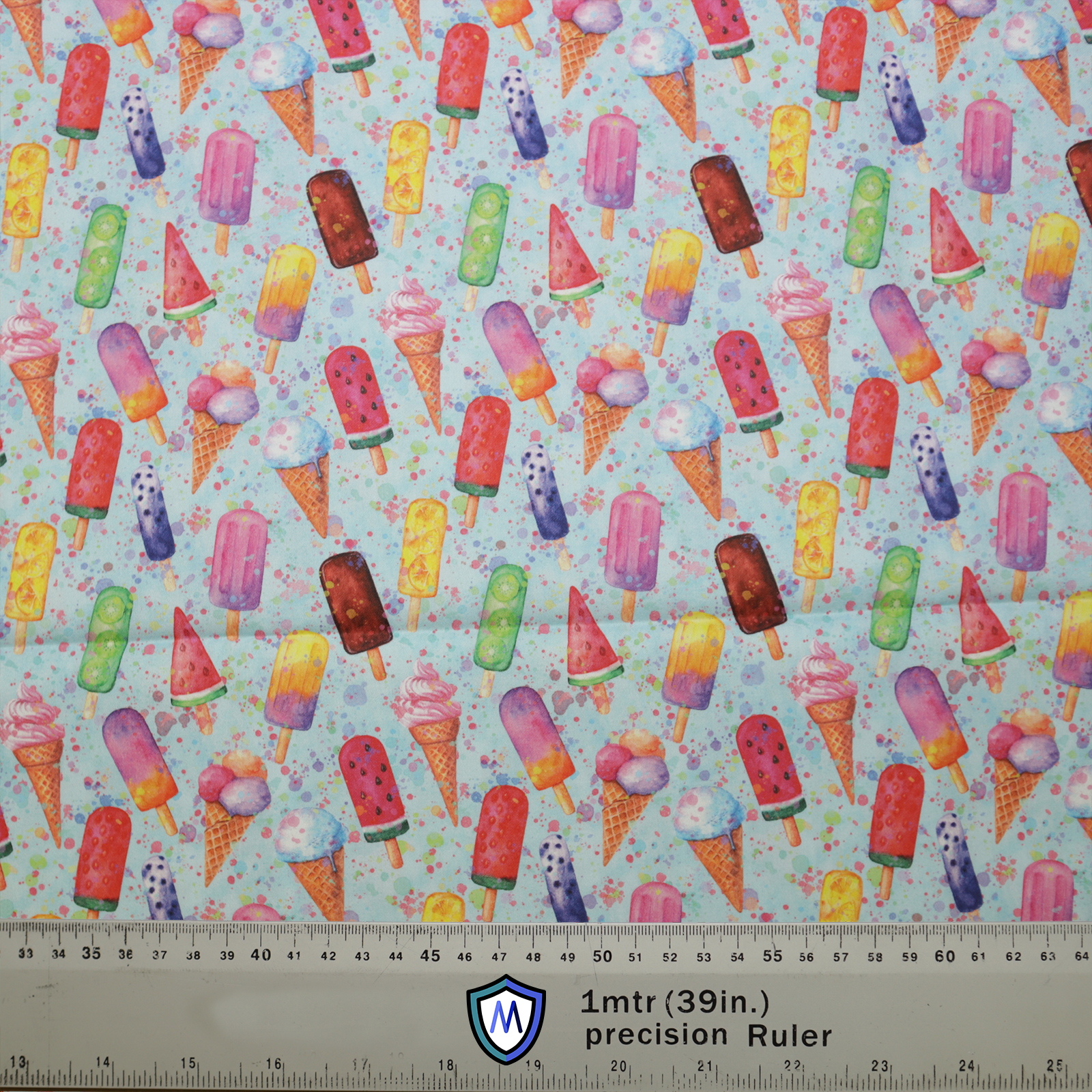 Summer Ice Lolly Fun Scrub Cap from Medicus Scrub Caps, featuring a colorful pattern of ice lollies, ice cream cones, and watermelon slices on a light blue background.