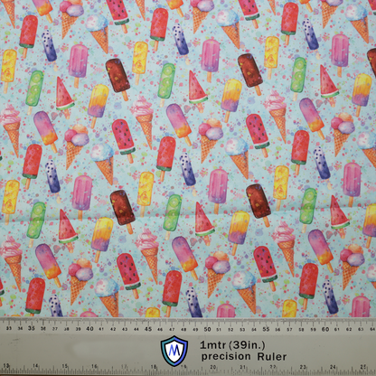 Summer Ice Lolly Fun Scrub Cap from Medicus Scrub Caps, featuring a colorful pattern of ice lollies, ice cream cones, and watermelon slices on a light blue background.