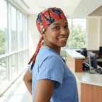 Healthcare worker wearing red and blue Superman Fighting scrub cap, side profile view in hospital setting