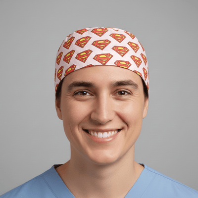 White scrub cap with red and yellow Superman logo pattern for medical professionals