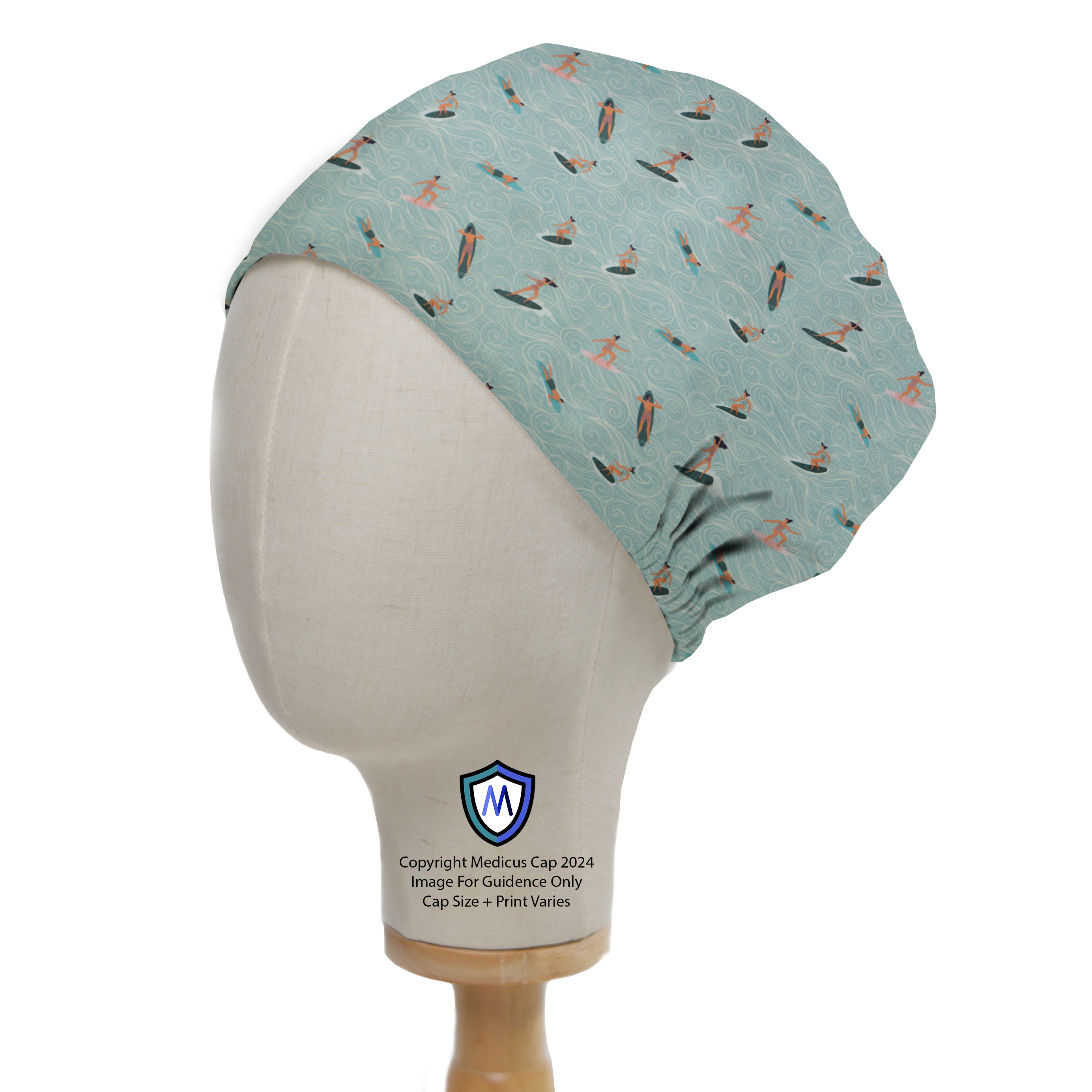 Anime Japanese Surfer Waves Scrub Cap from Medicus Scrub Caps, featuring a stylish ocean-inspired design with surfers and swirling waves on a soft fabric.
